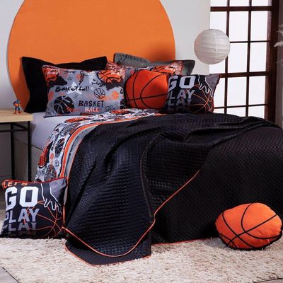 Kit Cobre Leito Colcha Casal Padrão Basquete Preto/cinza Dupla Face Com Almofadas Estampadas 07 Peças