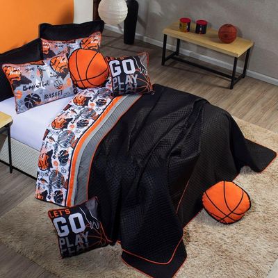 Kit Cobre Leito Colcha Casal Padrão Basquete Preto/cinza Dupla Face Com Almofadas Estampadas 07 Peças