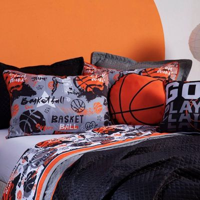 Kit Cobre Leito Colcha Casal Padrão Basquete Preto/cinza Dupla Face Com Almofadas Estampadas 07 Peças