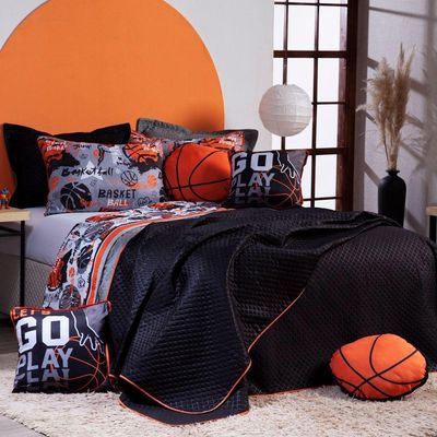 Kit Cobre Leito Colcha Casal Padrão Basquete Preto/cinza Dupla Face Com Almofadas Estampadas 07 Peças