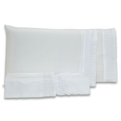 Jogo De Cama Lençol King Harmony Bordado Geométrico Percal 300 Fios Com Fronhas 04 Peças - Toque Acetinado Cor Branco
