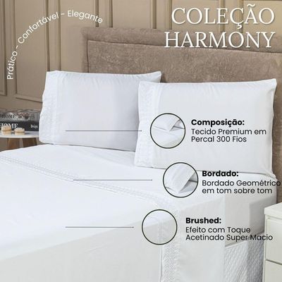 Jogo De Cama Lençol King Harmony Bordado Geométrico Percal 300 Fios Com Fronhas 04 Peças - Toque Acetinado Cor Branco