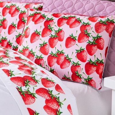 Jogo De Cama Lençol Casal Padrão Morangos Branco Com Fronhas E Virol Estampados 04 Peças - Tecido Percal 200 Fios