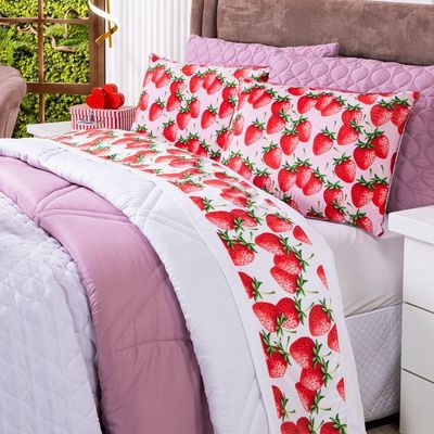 Jogo De Cama Lençol Casal Padrão Morangos Branco Com Fronhas E Virol Estampados 04 Peças - Tecido Percal 200 Fios