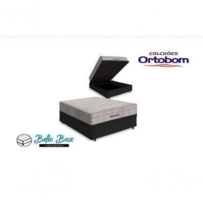 Cama Box Baú Casal 138 Tecido Sintético Preto Com Colchão Ortobom Airtech Spring Pocket D26 Bege 70x138x188