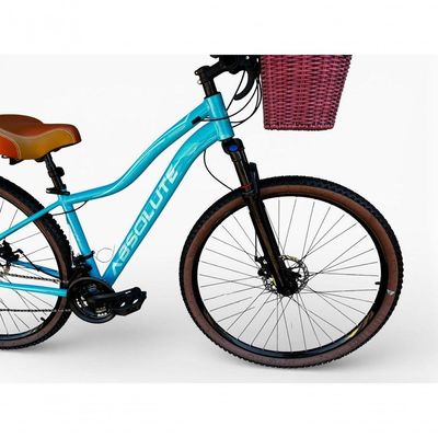 Bicicleta Aro 29 Feminina Absolute Hera Retrô Vintage Shimano 21v Hidráulica Confortável Cesta Azul Tamano 15