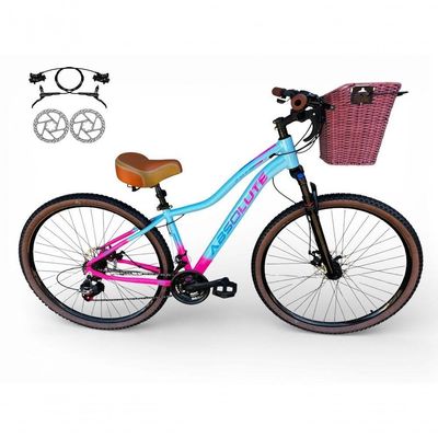 Bicicleta Aro 29 Feminina Absolute Hera Retrô Vintage 21v Hidráulica Selim Confortável Cesta Azul-rosa Tamano 15