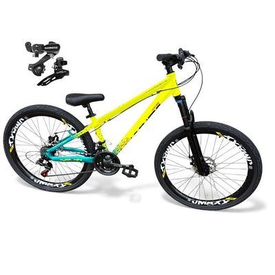 Bicicleta aro26 Vikingx Tuff X44 Câmbios Shimano 21v FreioDisco Freeride Pneu Flame AmareloVerde