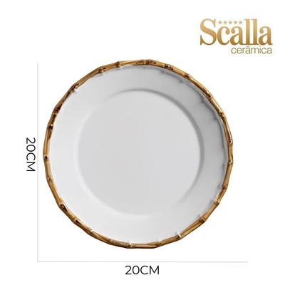 Prato Sobremesa De Cerâmica Branco Borda De Bambu Grossa 20cm Flat Scalla