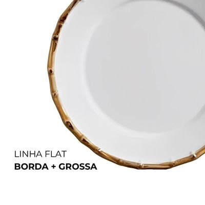 Prato Sobremesa De Cerâmica Branco Borda De Bambu Grossa 20cm Flat Scalla