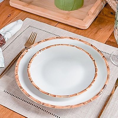 Prato Sobremesa De Cerâmica Branco Borda De Bambu Grossa 20cm Flat Scalla