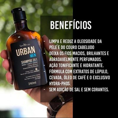 Kit 3 Shampoo 3 Em 1 Barba Cabelo Bigode Masculino 240ml Urban Men Farmaervas