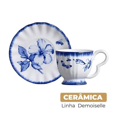 Xícara De Café Cerâmica Azul E Branca Demoiselle Scalla 100ml
