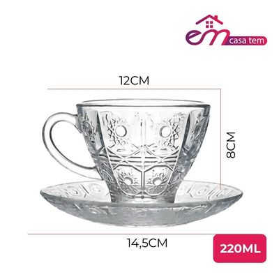 Xícara De Chá Vidro Transparente Com Pires Bohemia Café Relevo 220ml Em Casa Tem