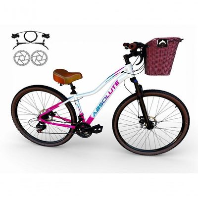 Bicicleta Aro 29 Feminina Absolute Hera Retrô Vintage 21v Hidráulica Confortável Cesta Selim 2 Molas - Branco/rosa Tam15