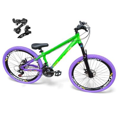 Bicicleta aro26 Vikingx Tuff X44 Câmbios Shimano 21v FreioDisco Freeride Pneu Flame VerdeRoxo