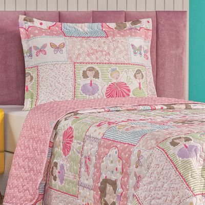 Kit Colcha Bailarina Solteiro Tecido Microfibra Dupla Face Quarto Infantil - Rosa