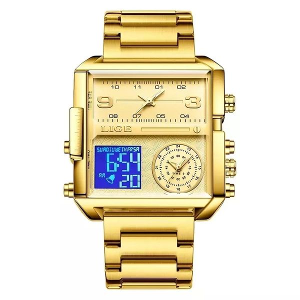 Relógio Masculino Quadrado Dourado LIGE 8925 Á Prova d´Água Dourado
