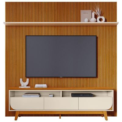 Rack Para Sala Com Painel Ripado Para Tv 75 Pol Lavine M07 Cinamomo Off White - Lyam Decor
