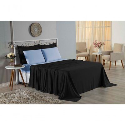 Jogo De Cama Solteiro Nobre 3 Peças Lençol Com Elástico De 30cm De Altura Malha 100% Algodão - Preto / Azul-bebê