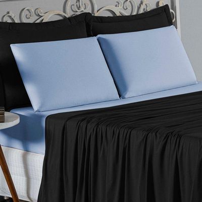 Jogo De Cama Solteiro Nobre 3 Peças Lençol Com Elástico De 30cm De Altura Malha 100% Algodão - Preto / Azul-bebê