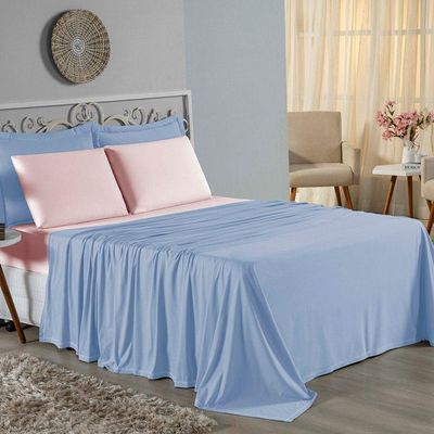 Jogo De Cama Casal Viúva Nobre 4 Peças Malha 100% Algodão - Azul-bebê / Rosa
