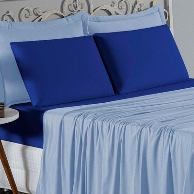 Jogo De Cama Casal Nobre 4 Peças Lençol Com Elástico De 30cm De Altura Malha 100% Algodão - Azul-bebê / Royal