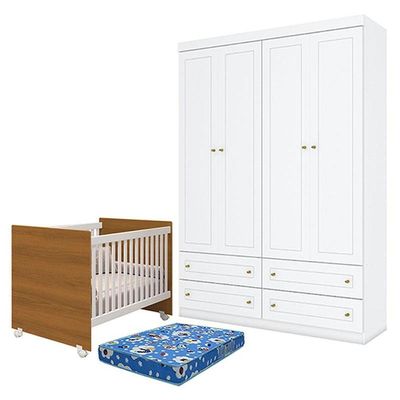 Berço Nacional Mel Branco Savana - Reller E Guarda Roupa Infantil Americano 4 Portas Branco Hp E Colchão Ortobom - Henn