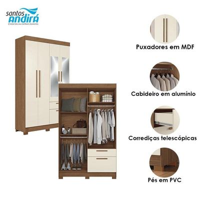 Guarda Roupa Solteiro 4 Portas Londrina Com Espelho Jatobá Areia - Santos Andirá