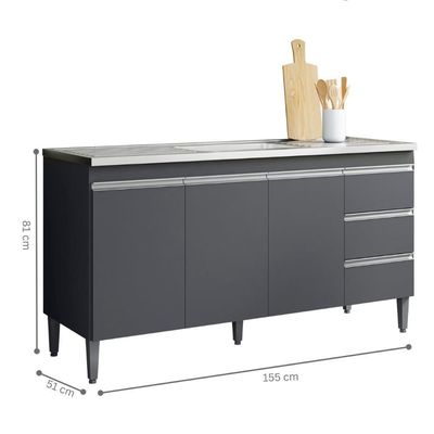 Balcao De Cozinha Florida 3pt 1,60m Cinza Fosco