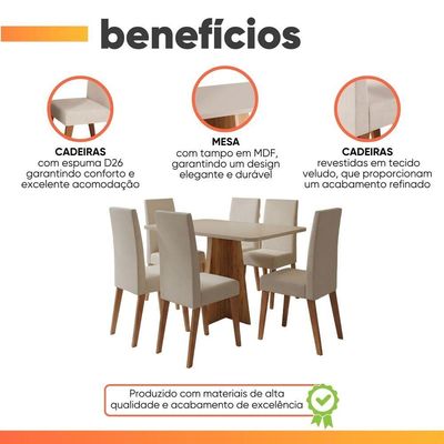 Conjunto Sala De Jantar Mesa 1,60m Moove 6 Cadeiras Veludo Milano Viero Madeirado / Marfim