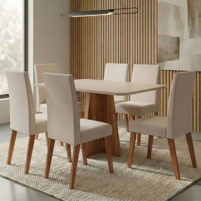 Conjunto Sala De Jantar Mesa 1,60m Moove 6 Cadeiras Veludo Milano Viero Madeirado / Marfim