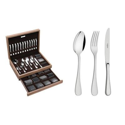 Faqueiro Classic Aço Inox e Estojo de Madeira MDF Inox Polido Brilho Prata