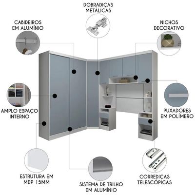 Guarda Roupa Solteiro Modulado Cp08 Taiga Branco/grey L01 - Mpozenato