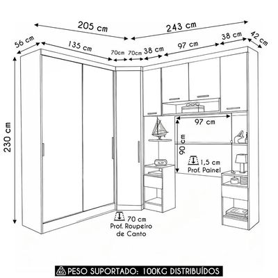Guarda Roupa Solteiro Modulado Cp08 Taiga Branco/grey L01 - Mpozenato