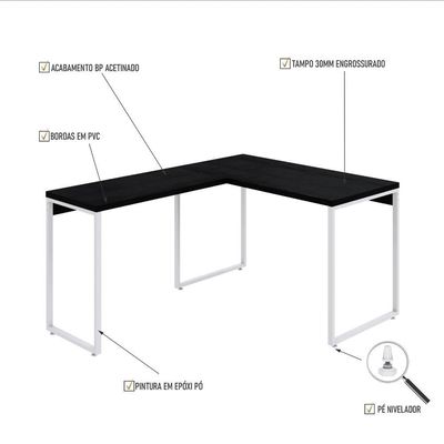 Mesa Em L Office 120x150x75cm Kuadra Preto ônix - Est.branca