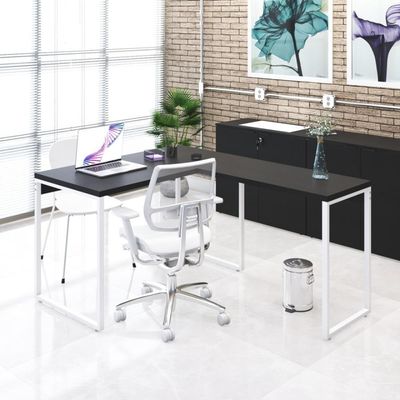 Mesa Em L Office 120x150x75cm Kuadra Preto ônix - Est.branca