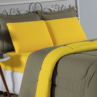 Kit Edredom Dupla Face + Jogo De Lençol Casal Viúva Nobre 7 Peças Malha 100% Algodão - Avelã / Amarelo