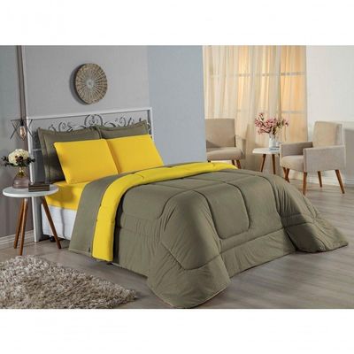 Kit Edredom Dupla Face + Jogo De Lençol Casal Viúva Nobre 7 Peças Malha 100% Algodão - Avelã / Amarelo