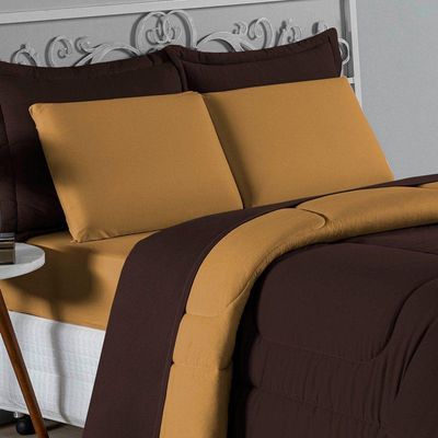Kit Edredom Dupla Face + Jogo De Lençol Queen Nobre 7 Peças Malha 100% Algodão - Marrom / Cobre