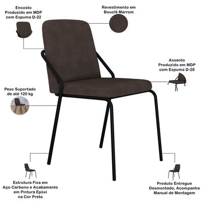Kit 02 Cadeiras Estofada Para Sala De Jantar Loft Preto C01 Bouclê Marrom - Lyam Decor