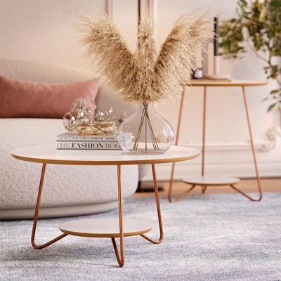 Kit Mesa De Centro E Apoio Liz Off White Com Freijo