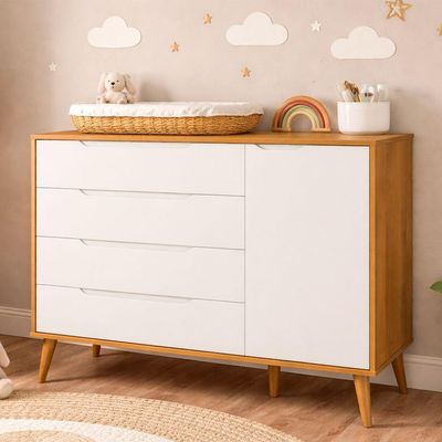 Comoda Sapateira Elfe Retro 1 Porta 4 Gavetas Branco Fosco Com Savana - Moveisaqui