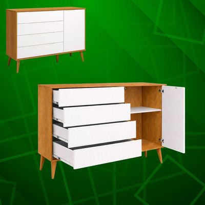 Comoda Sapateira Elfe Retro 1 Porta 4 Gavetas Branco Fosco Com Savana - Moveisaqui