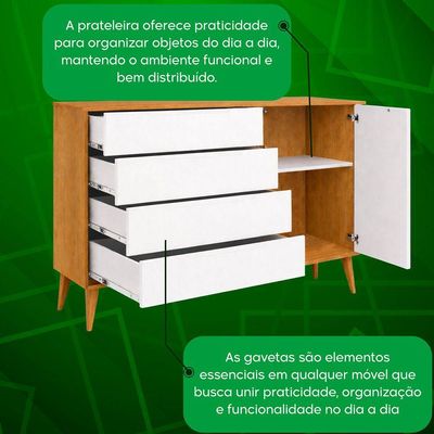 Comoda Sapateira Elfe Retro 1 Porta 4 Gavetas Branco Fosco Com Savana - Moveisaqui
