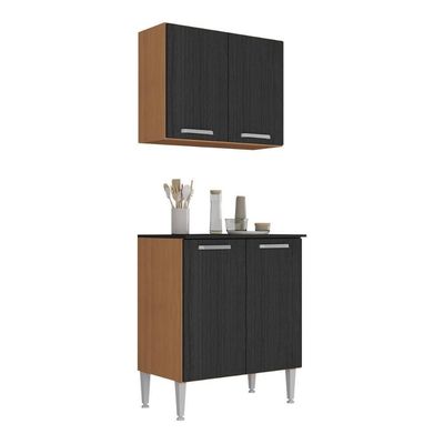 Kit Armário De Cozinha Aéreo Com Balcão 70cm 4 Portas Pequim Multimóveis Mp2380 Madeirado/preto