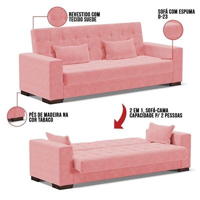 Sofá Cama 2 Lugares Para Sala De Estar Suede Rosê