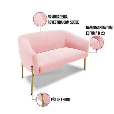 Sofá Namoradeira E Poltrona Pé De Ferro Dourado Stella Suede D03 - D'rossi Cor Rosa Bebê