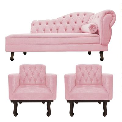 Kit Diva Recamier Diana 140Cm Lado Esquerdo E 02 Poltronas Classic Suede Rosa Bebê