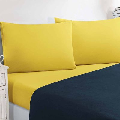 Jogo De Cama Malha Lençol 100% Algodão Gran Moratta 4 Peças Queen - Azul Marinho/Amarelo